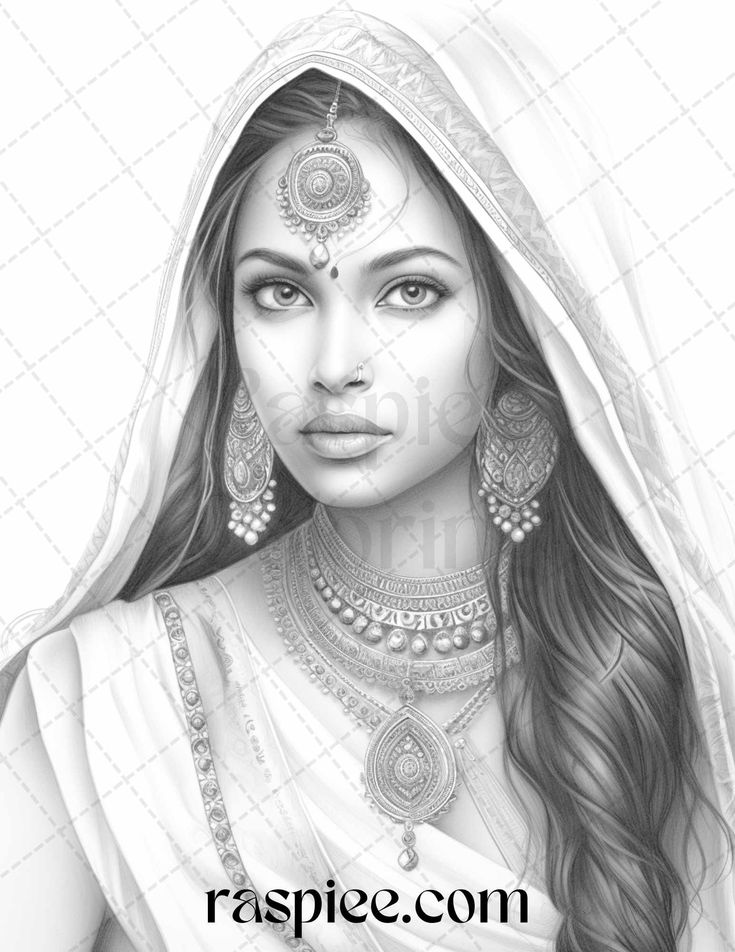 50 Beautiful Indian Women Grayscale Coloring Pages for Adults, Printab ...