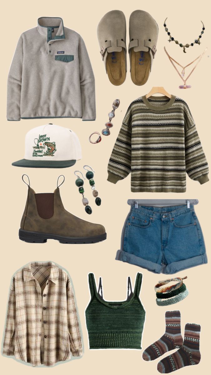 Granola girl aesthetic style outfits, patagonia synchilla fleece, jean shorts, blundstone boots, Birkenstock clogs, crystal jewelry, jem rings, granola socks, comfy socks, flannel shirt, green tank top, blundstone boots, national park themed hat, green sweater, Granola Girl Style, Granola Girl Outfits, Surfergirl Style, Granola Outfits, Papaya Fruit, Hiking Outfits, Earthy Outfits, First Aid Beauty, Skincare Routines