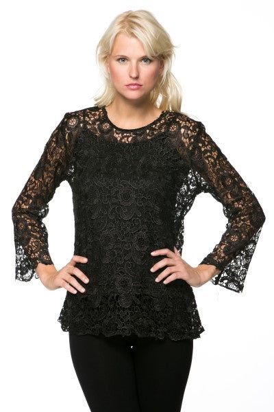 BTT-02451 Stylish and lovely, this lace top is sure to make an impression on any occasion. Perfect for formal and casual events, the lace set features a chic, long sleeve top with a rounded neck and a scalloped hem. The sleeves have a slight flare at the cuff that gives this set an extra dash of refinement. Five buttons in the back secure this trendy lace blouse. The sheer blouse goes over a simple black tank top. Material: Tank Top: 93% Polyester, 7% Spandex, Blouse: 100% Cotton Care Instructio Spring Tops With Scalloped Lace For Night Out, Evening Tops With Scalloped Lace For Spring, Spring Evening Top With Scalloped Lace, Scalloped Lace Tops For Spring Evenings, Scalloped Lace Evening Top For Spring, Spring Party Tops With Scalloped Lace, Fitted Long Sleeve Lace Top For Fall, Long Sleeve Lace Top For Night Out In Fall, Long Sleeve Lace Top For Fall Night Out