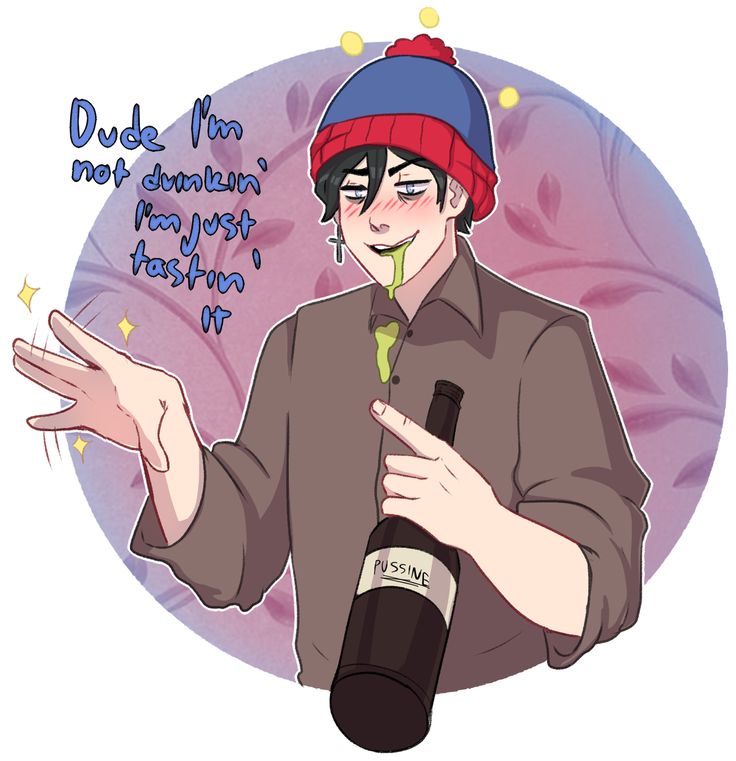 a cartoon character holding a wine bottle and pointing to the side with his right hand