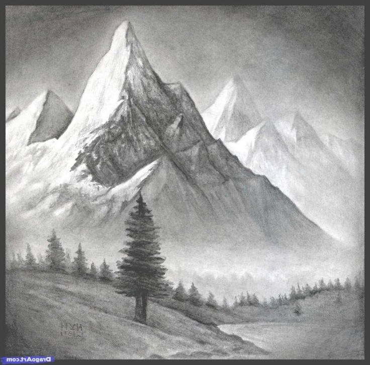 a black and white drawing of mountains with trees