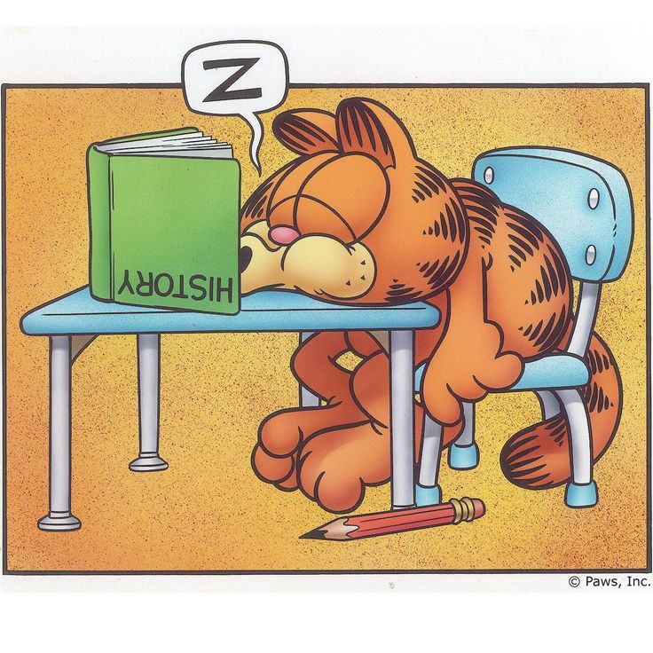 a cartoon cat is sleeping on a desk with a book and pencil in its mouth