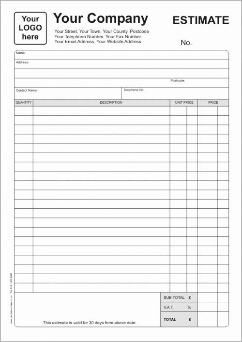 Blank Estimate Form Template