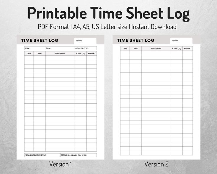 the printable time sheet log is shown in two different sizes and font, along with one