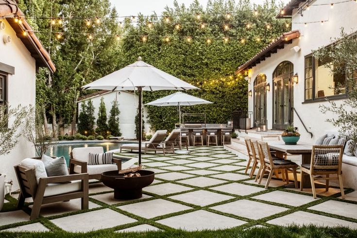 an outdoor patio with tables, chairs and umbrellas