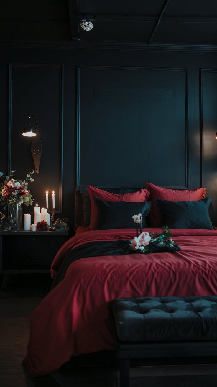 a bed in a dark room with candles and flowers