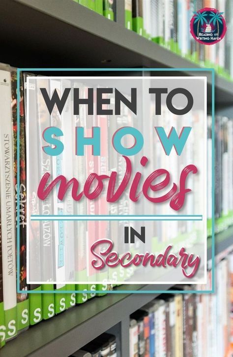 the words when to show movies in secondary are overlaid by bookshelves full of dvd's