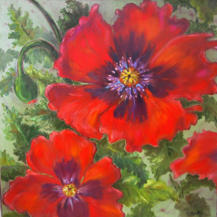 a painting of red flowers with green leaves