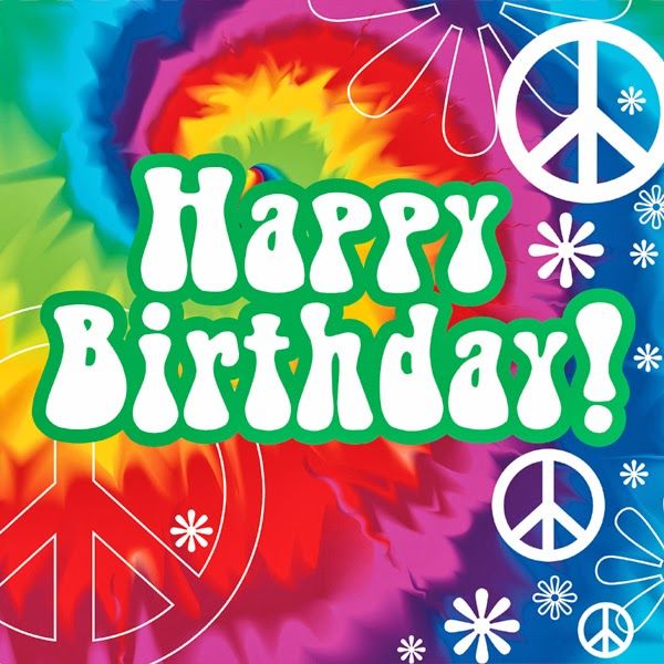 a happy birthday card with peace signs, flowers and tie - dyed colors on it