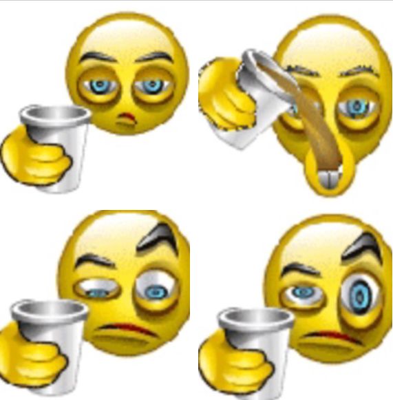 various emoticions with different facial expressions holding coffee mugs and looking at each other