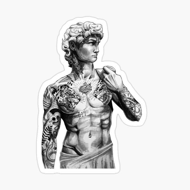 Get my art printed on awesome products. Support me at Redbubble #RBandME: https://www.redbubble.com/i/sticker/Tattooed-Greek-Statue-of-David-by-JessBrennanArt/46418866.EJUG5?asc=u Greek David Tattoo, David Statue Tattoo Design, David Greek Tattoo, Greece Statue Tattoo, David Statue Tattoo, Statue Tattoo Design Greek, Statue Of David Tattoo, Greek Art Tattoo, Statue Tattoos