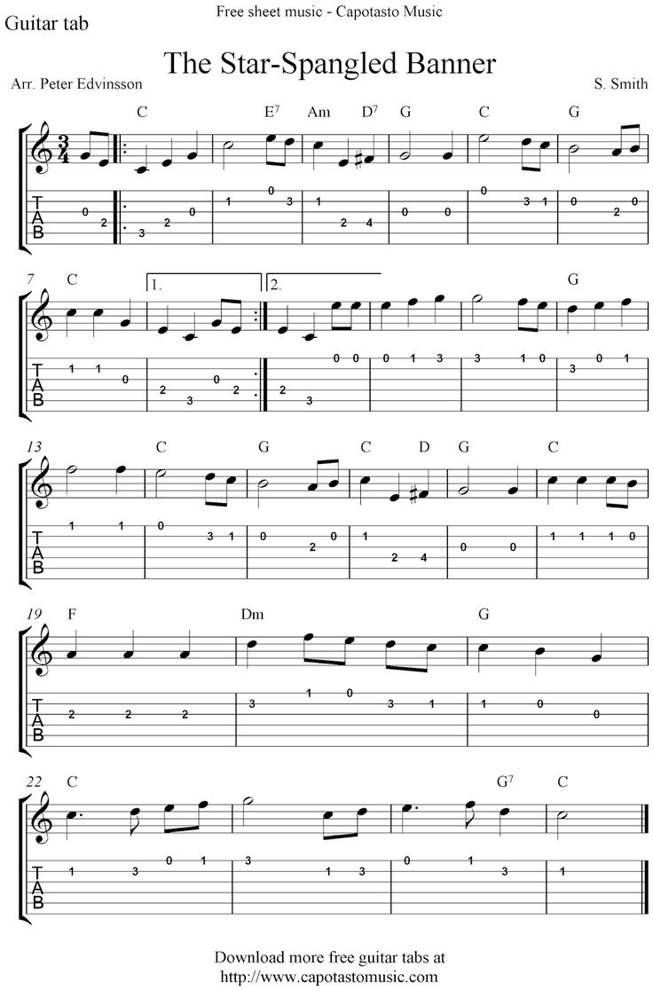 the star - spangled banner sheet music for guitar with tabs and notes on it