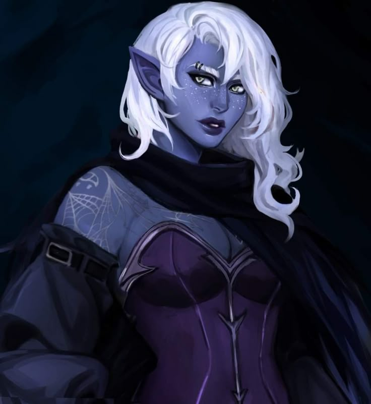 a woman with white hair and blue eyes wearing a purple cosplay outfit, standing in front of a dark background