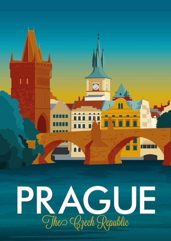 a poster with the name prague on it and an image of a bridge over water