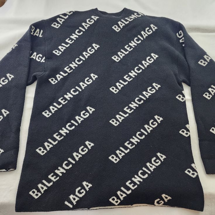 Authentic Balenciaga Oversized Sweater Size L. Please Check All Pictures And Ask Any Questions You May Have About This Item Designer Logo Print Sweater For Fall, Designer Fall Sweater With Logo Print, Logo Pattern Long Sleeve Sweater For Fall, Long Sleeve Sweater With Logo Pattern For Fall, Crew Neck Sweater With Logo Pattern For Fall, Fall Crew Neck Sweater With Logo Pattern, Casual Crew Neck Sweater With Logo Pattern, Designer Logo Print Tops For Winter, Designer Winter Tops With Logo Print