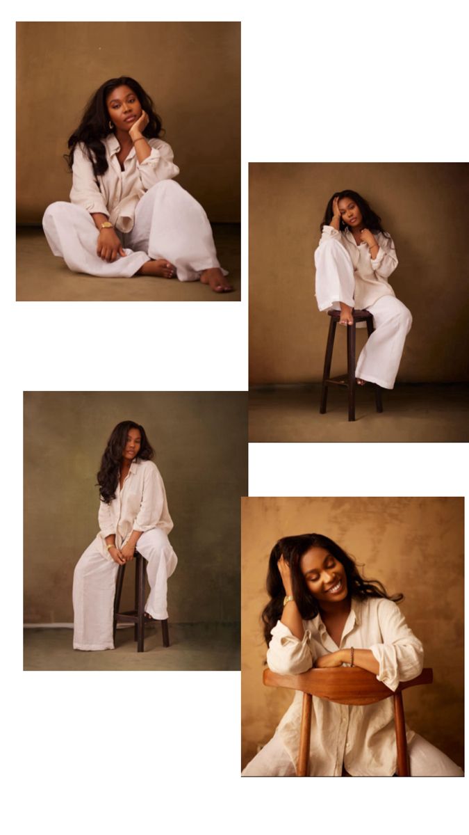 four different shots of a woman sitting on a chair and posing for the camera with her hands in her hair