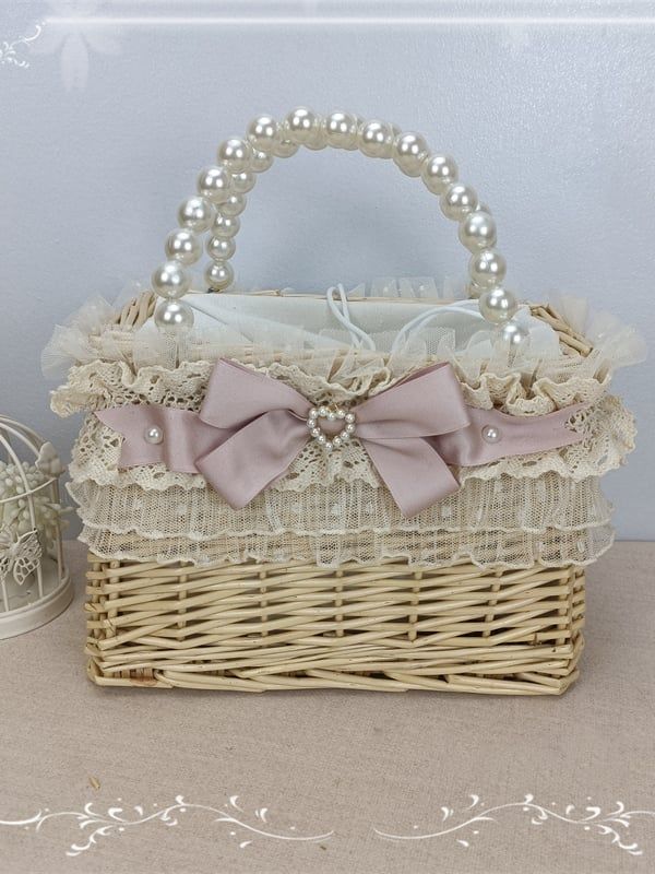 This price is for a hand basket bag only, others are not included. Bag Details:Drawstring Top / Woven Design Woven Basket Aesthetic, Kawaii Basket, Coquette Basket, Christmas Basket Ideas, Feminine Pink Bag With Pearl Handle, Cute Pink Bag With Bow, Cute Pink Flower-shaped Bag, Pink Bow Purse, Pink Kawaii Handheld Bag