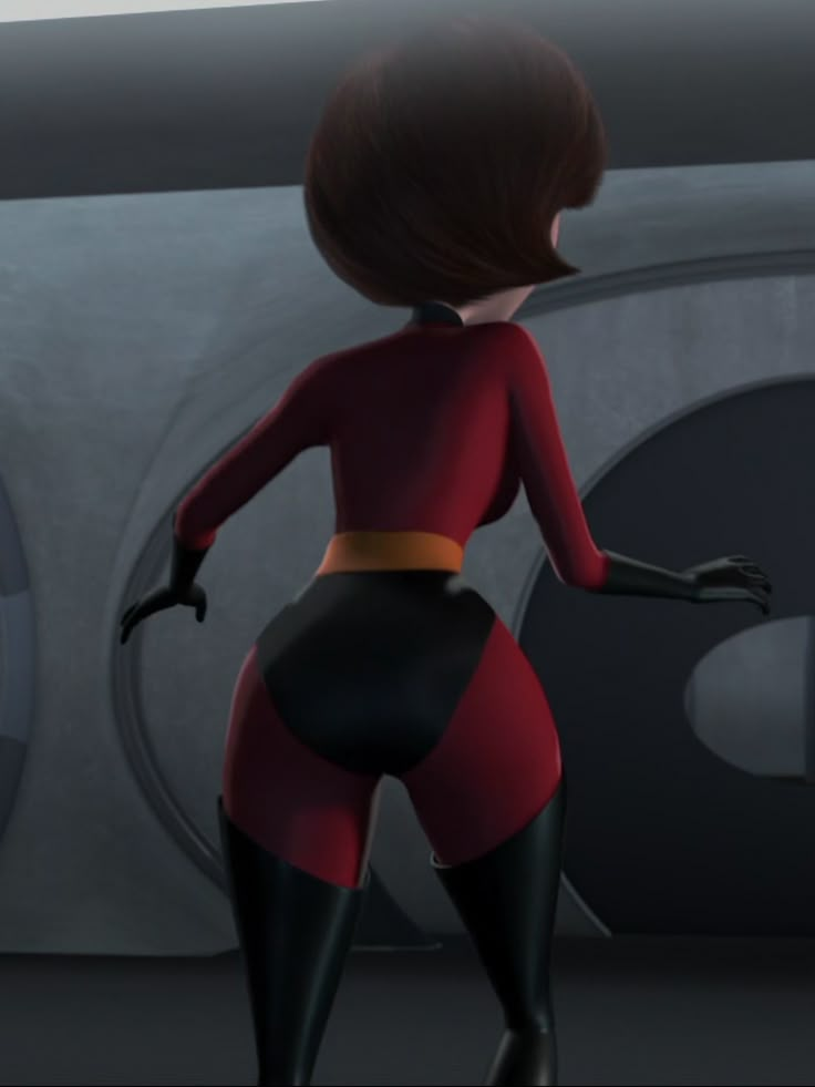 the animated character is dressed in red and black