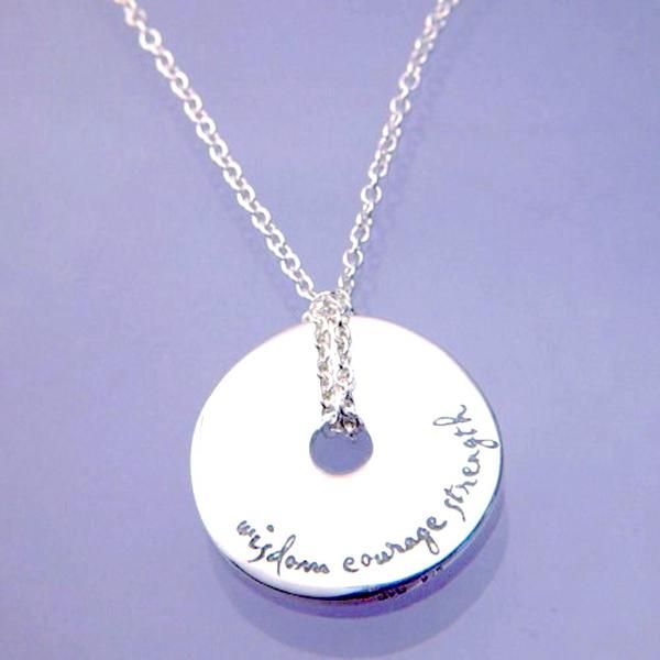 Wisdom Courage Strength Sterling Silver Pi Disc Necklace | Serenity Prayer Inspirational Silver Charm Necklace With Round Pendant, Inspirational Sterling Silver Charm Necklace With Round Pendant, Inspirational Sterling Silver Pendant Necklace, Inspirational Sterling Silver Round Pendant Necklace, Silver Inspirational Necklace, Silver Inspirational Round Necklace, Meaningful Sterling Silver Necklace With Round Pendant, Inspirational Silver Round Necklace, Inspirational Engraved Sterling Silver Charm Necklaces