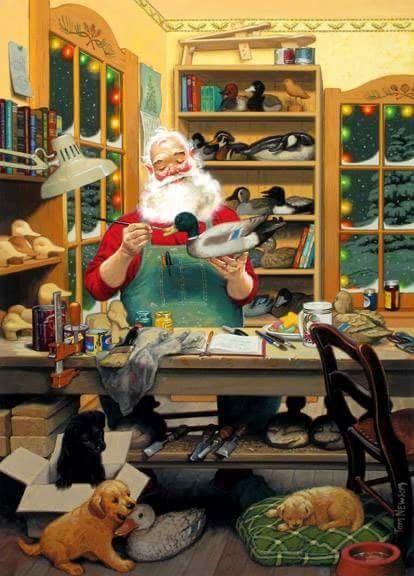 a painting of santa claus in the kitchen with his dog and cat on the floor