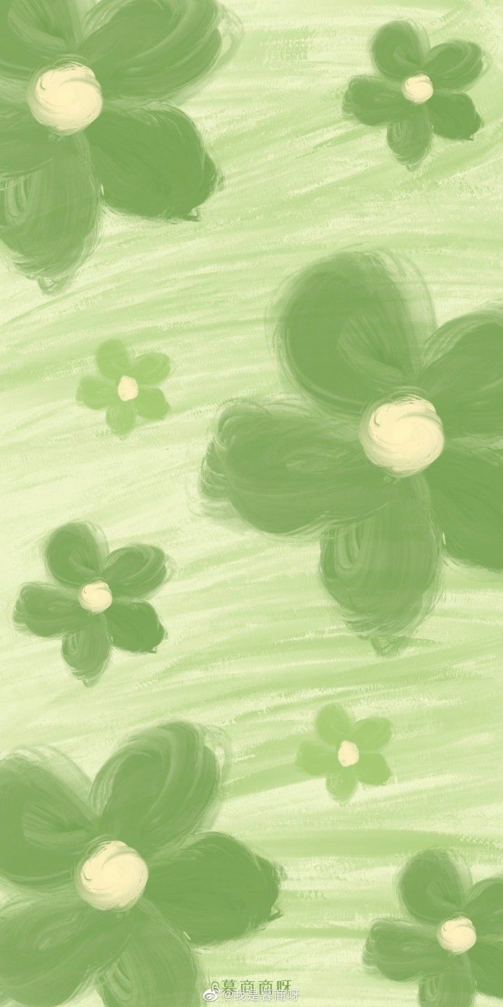 an abstract painting of green flowers on a light green background with white circles in the center