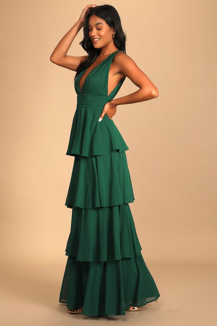 Hunter Green Dress - Tiered Maxi Dress - V-Neck Maxi Dress - Lulus Green Cutout Dress, Green Long Formal Dress, Tiered Bridesmaid Dress, Flowy Formal Dress, Green Tiered Dress, Bridesmaid Green, Hunter Green Bridesmaid Dress, Green Gowns, Layered Maxi Dress