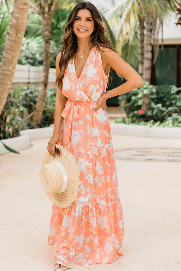 Orange Deep V Neck Sleeveless Empire Waist Floral Print Maxi Dress Chic Orange Sleeveless Beach Dress, Orange Halter Neck Sleeveless Dress For Summer, Chic Orange Sleeveless Dress For Vacation, Orange Sleeveless Sundress For Spring, Orange Sleeveless Vacation Halter Dress, Orange Sleeveless Halter Dress For Vacation, Orange Halter Neck Sleeveless Dress For Vacation, Orange Sleeveless Dress For Summer Vacation, Sleeveless Orange Halter Dress For Vacation