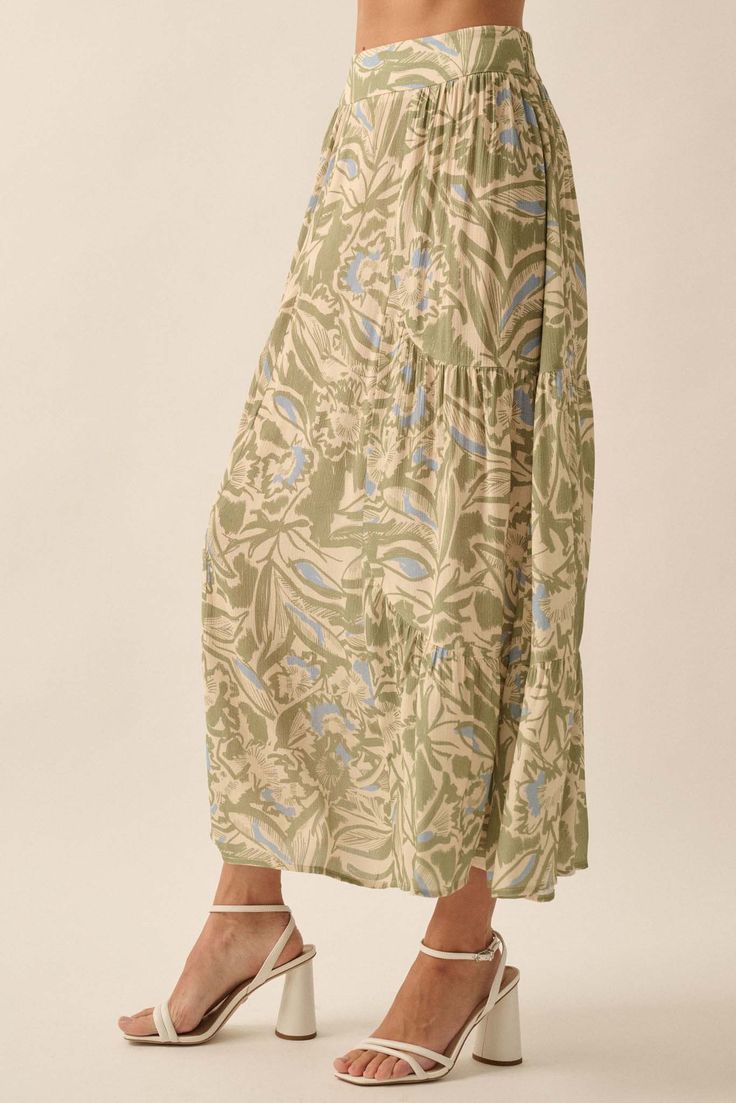 Palm Party Tropical Floral Tiered Maxi Skirt - ShopPromesa Spring Relaxed Fit Tiered Maxi Dress, Summer Ruffle Skirt In Rayon, Summer Ruffled Rayon Skirt, Summer Rayon Skirt With Ruffles, Summer Ruffled Skirt Made Of Rayon, Spring Maxi Dress With Relaxed Skirt, Floral Print Maxi-length Summer Bottoms, Summer Floral Print Wide Leg Maxi Skirt, Floral Print Flowy Skirt For Garden Party