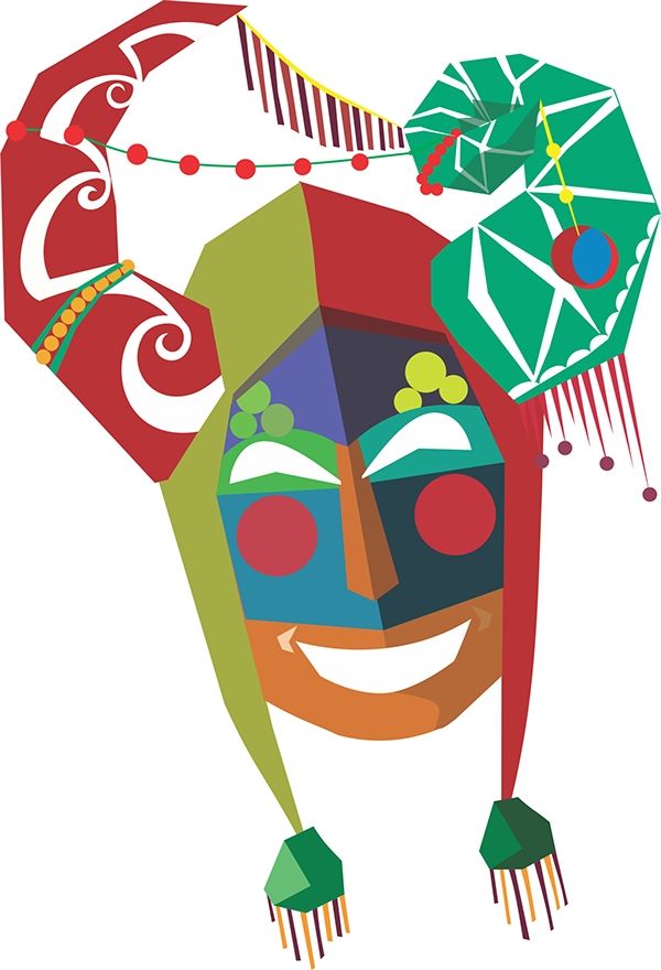 a colorful clown with his face painted green, red and blue is holding an umbrella over his head