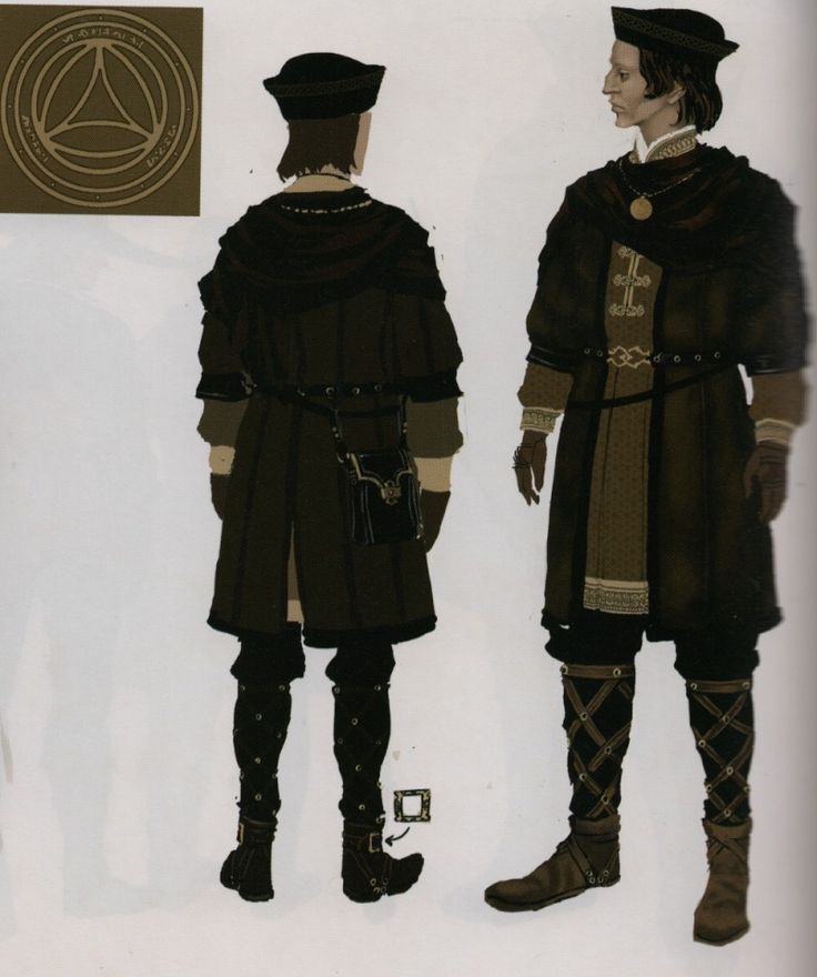 two men in medieval clothing standing next to each other on a white surface with a circular design behind them