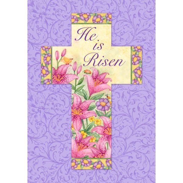 a cross with flowers and the words he is risen