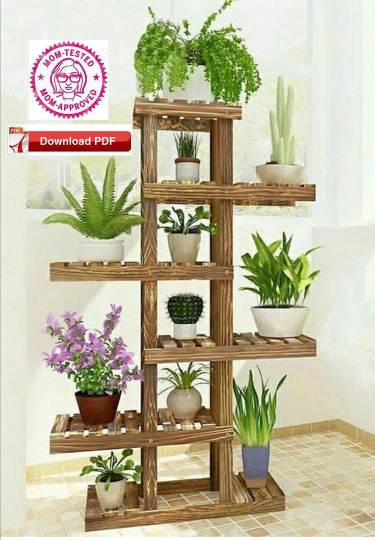 a wooden shelf filled with potted plants on top of a tiled floor next to a window