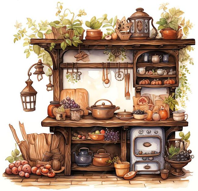 Nostalgische Küche, vintage kitchen | Wasserfarben illustration ...