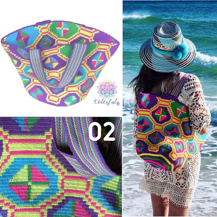 a woman wearing a colorful crochet bag and hat on the beach