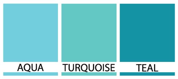 the aqua color scheme for teal is shown in three different shades, including blue and green