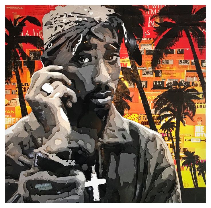 a painting of a man talking on a cell phone with palm trees in the background