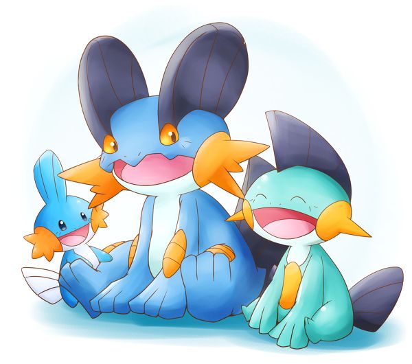 two blue and one orange pokemons sitting next to each other on the ground with their tails curled up