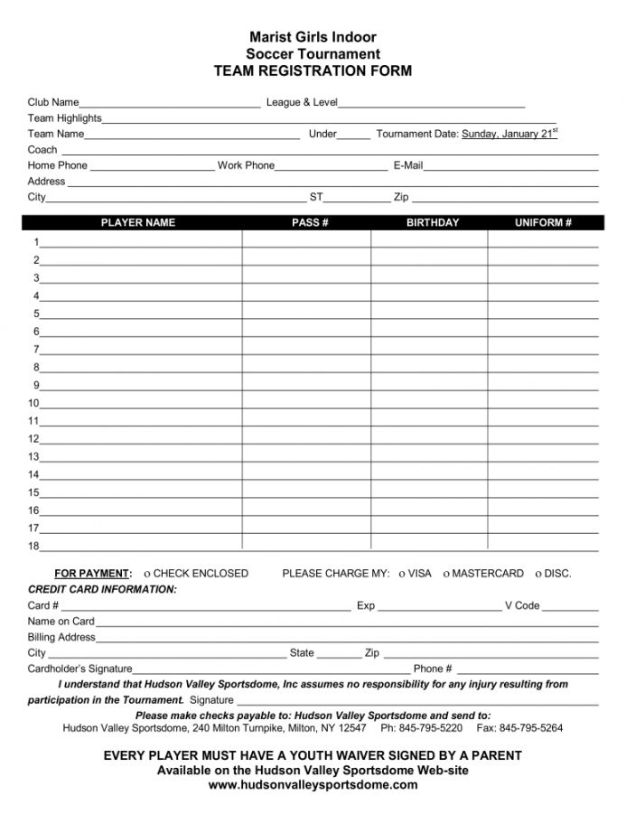 a form of registration for the youth soccer team, which is being used to play