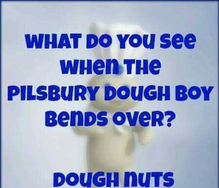 a blue and white photo with the words do you see when the pilsbury dough boy bends over?