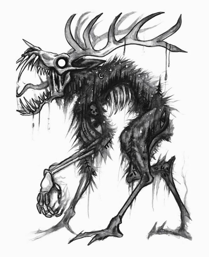 a black and white drawing of a monster with horns on it's head, holding its