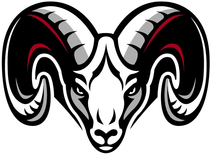 the rams logo is shown in black and white with red stripes on its head, as well as an antelope's horns