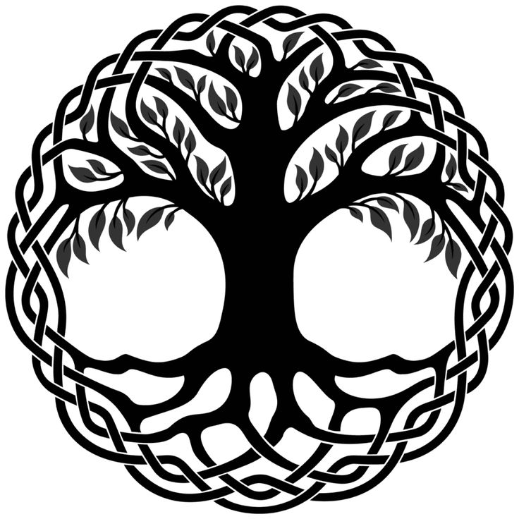 a celtic tree of life with leaves and branches in the center, black on white