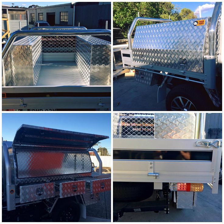 several pictures of the back of a truck with different angles and materials to it's sides