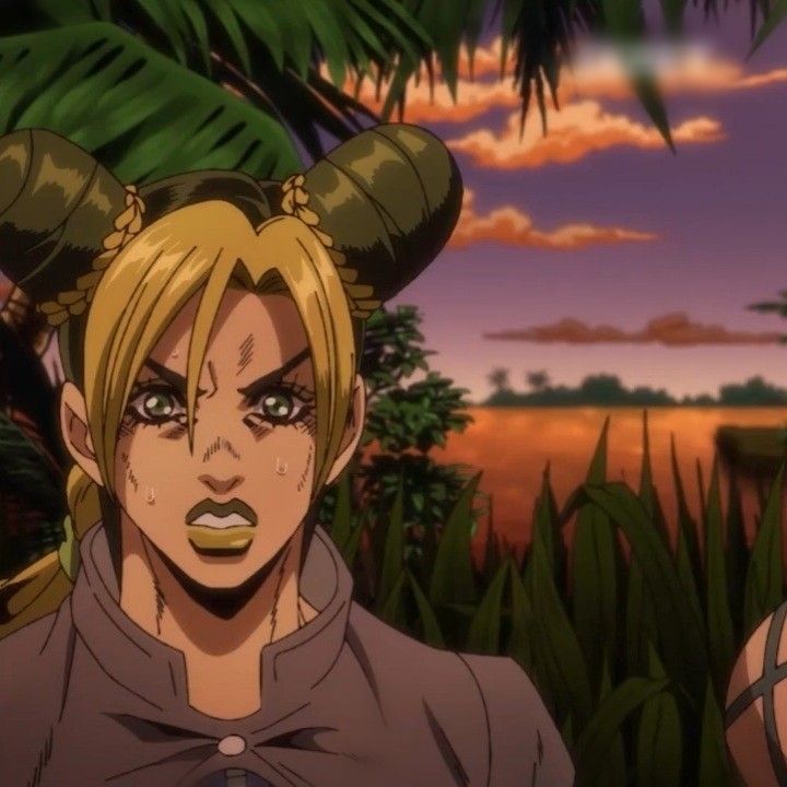 two anime characters with horns on their heads in front of some trees and grass at sunset