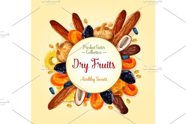 dried fruits and nuts in a circle frame on a yellow background with place for text