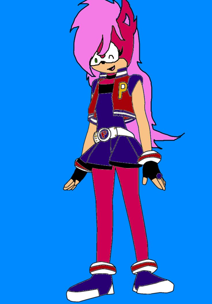 an image of a cartoon character with pink hair and purple pants, standing in front of a blue background