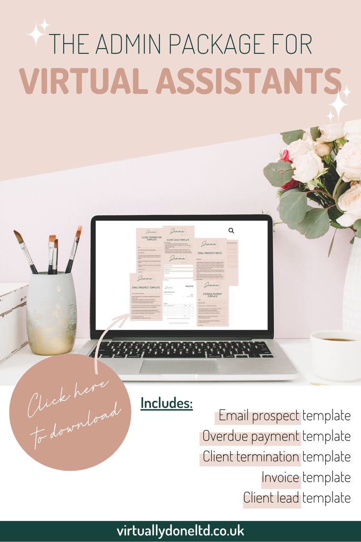 the admin package for virtual assistants includes email prospect template, invoice payment
