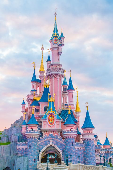 the castle is pink and blue with gold trimmings on it's sides