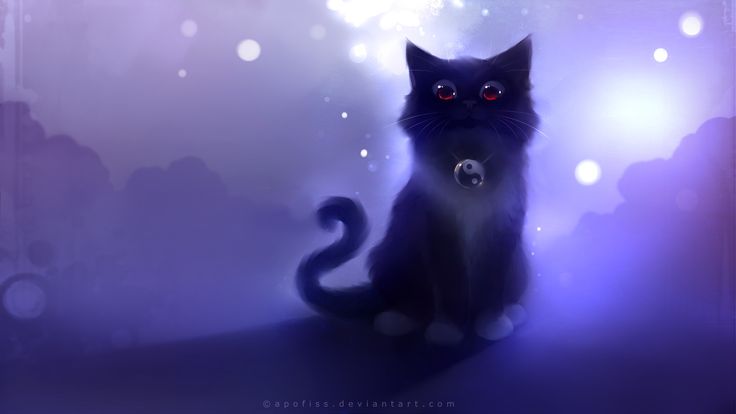 a black cat with red eyes sitting on the floor in front of a purple background