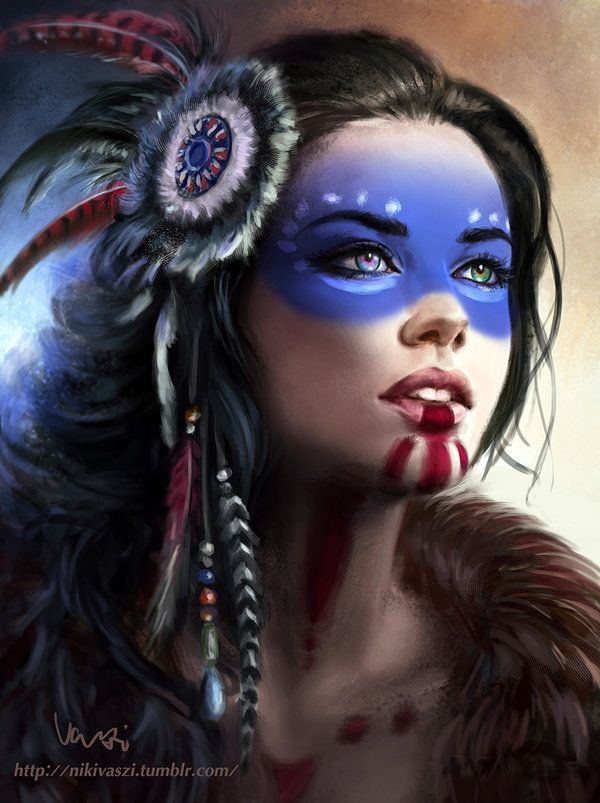 a painting of a woman with blue makeup and feathers on her head, looking into the distance